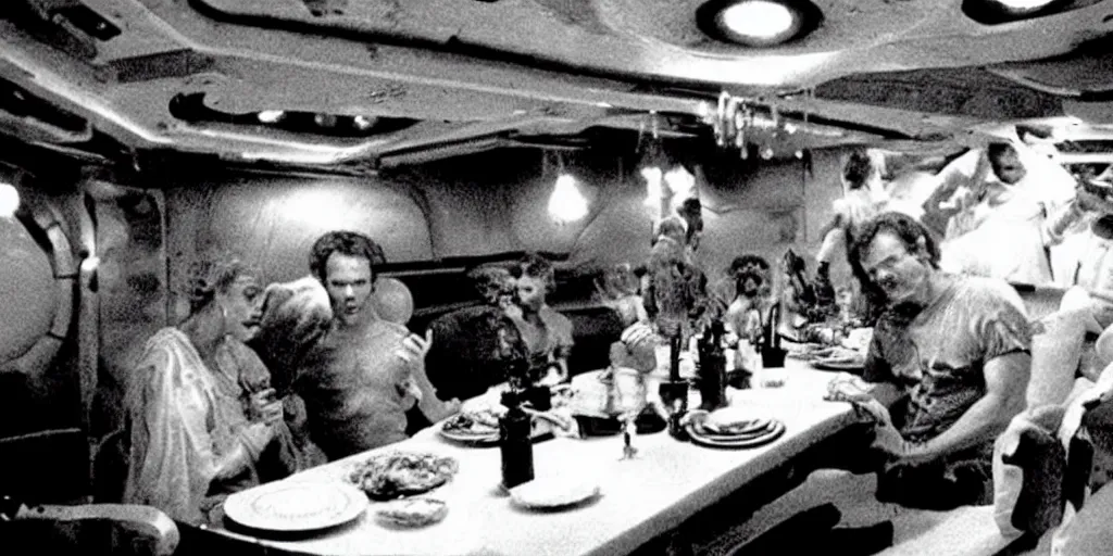 Prompt: a dinner scene within the Nostromo by Ridley Scott, Alien movie, grainy, bluish and cream tones