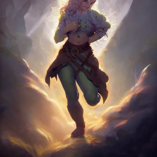 Prompt: full body portrait of a female fantasy halfling hobbit fistfighter, communing with her glowing goddess of mist and light, flowing robes and leather armor, detailed dynamic light painting by peter mohrbacher and albrecht anker