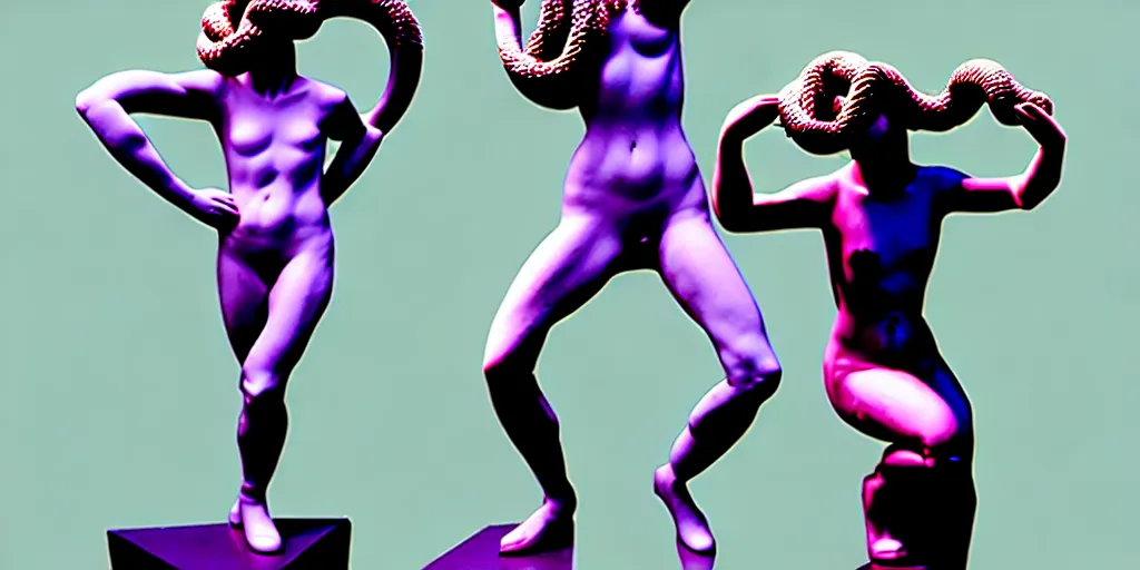 Image similar to modern sculpture, young woman as medusa, multiple poses, androgynous, vaporwave, vhs still