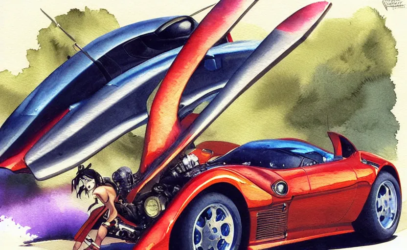 Prompt: sport car, colorful watercolor. by rembrant, battle angel alita, ralph mcquarrie, sapphire, 1 6 6 7