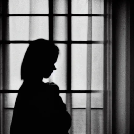 Image similar to black and white photograph portrait of a depressed woman standing by the window, natural light, lomo, film grain, soft vignette, sigma 85mm f/1.4 1/10 sec shutter