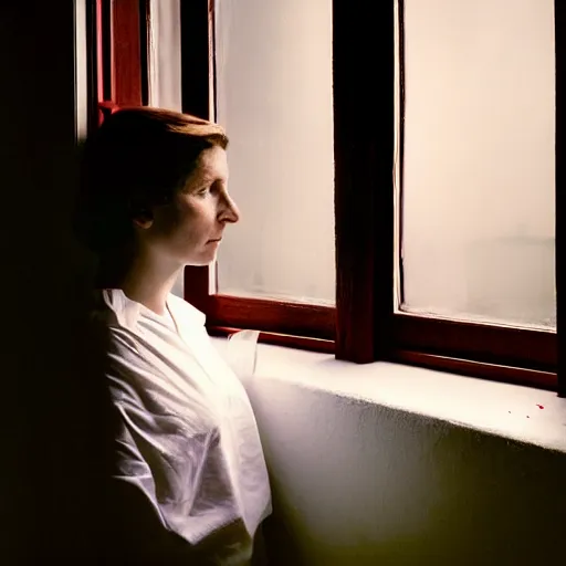 Prompt: woman wearing white and red looking outside the window in her bedroom at night, elegant, highly detailed, 8 k, photorealistic, photography, real picture, heavy grain, studio lighting, hdr, photographed by steve mccurry, annie leibovitz, henri cartier - bresson, robert capa, andreas gursky