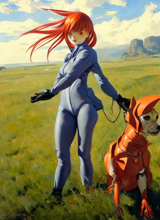 Image similar to Greg Manchess painting of Asuka Langley Soryu in Plugsuit out with the dogs, EVA unit-00 in the back, countryside, fantasy character portrait, dynamic pose, above view, sunny day, thunder clouds in the sky, artwork by Jeremy Lipkin and Giuseppe Dangelico Pino and Michael Garmash and Rob Rey, very coherent asymmetrical artwork, sharp edges, perfect face, simple form, wacky, 100mm