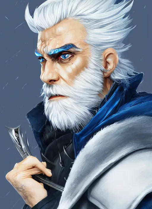 Image similar to a highly detailed illustration of fierce short slick back white haired man wearing dark blue coat, bright blue eyes, dramatic wielding katana pose, intricate, elegant, highly detailed, centered, digital painting, artstation, concept art, smooth, sharp focus, league of legends concept art, wlop