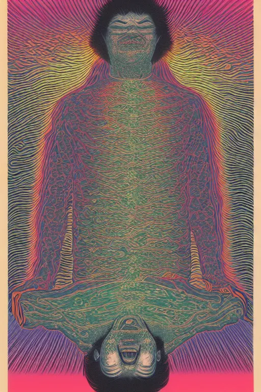 Image similar to man eats a tab of LSD acid on his tongue and dreams psychedelic hallucinations, screenprint by kawase hasui, alex grey and dan hillier, colorful flat design, hd, 8k
