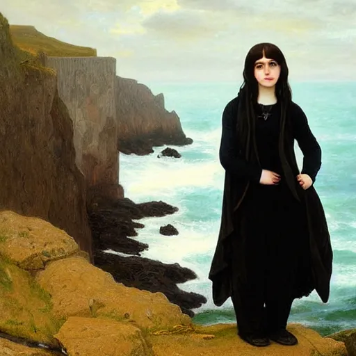 Prompt: 1 7 - year - old pale - skinned persian girl with black long bob cut, long bangs, black gothic jacket, black jeans, psychic girl, standing on cliff along the irish coast, overcast gray skies, ultra - realistic, sharp details, cold lighting, intricate details, art by william - adolphe bouguereau