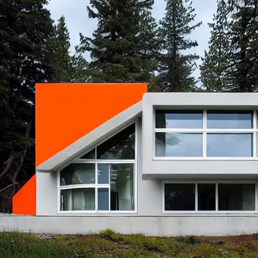 Prompt: large futuristic residence, cascadian, white and gray concrete, many large windows, triangular elements, orange metal