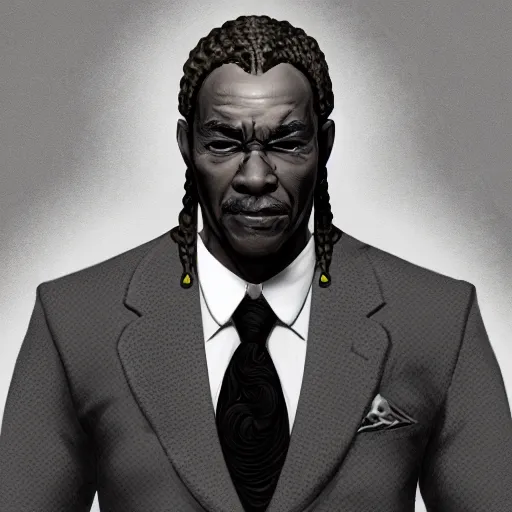 Image similar to a portrait of a muscular older black man with cornrows and a suit with a monocle on, D&D, sci-fi, elegant, hopeful, muscular, highly detailed, digital painting, artstation, concept art, smooth, sharp focus, illustration