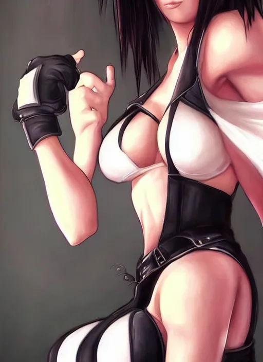 Prompt: elegant Tifa Lockhart stares intently at you. ultra detailed painting at 16K resolution and epic visuals. epically surreally beautiful image. amazing effect, image looks crazily crisp as far as it's visual fidelity goes, absolutely outstanding. vivid clarity. ultra. iridescent. mind-breaking. mega-beautiful pencil shadowing. beautiful face. Ultra High Definition. processed twice.