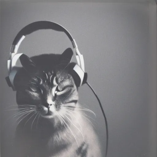 Image similar to a polaroid photo of a cat wearing headphones