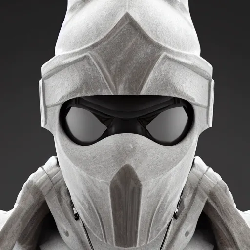 Image similar to focused 3 d rendering of marble and chrome statue of ninja wearing full face mask and hunter hat, combat suit, technological, octane render, all marble