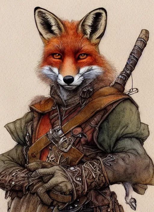 Prompt: portrait of a fox - faced ranger, dnd, gwelf, highly detailed, perfect lighting, watercolor and ink illustration, muted colors. perfect composition, 4 k, by brian froud, larry macdougall, jean - baptiste monge,