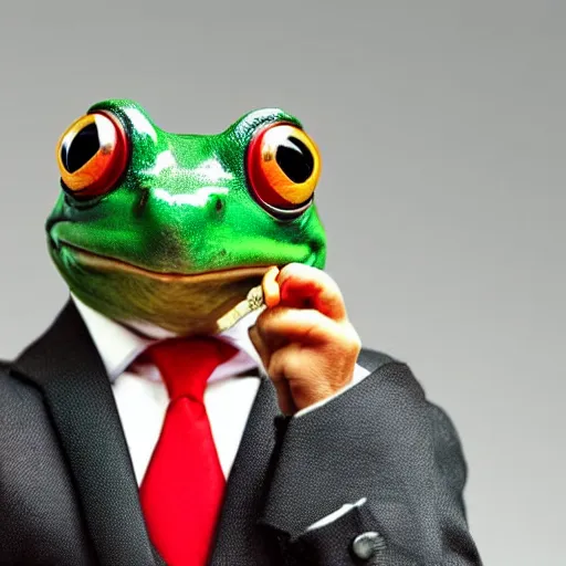 Image similar to a high detail closeup shot of a frog wearing a suit 👔,and smoking a cigarrette🚬