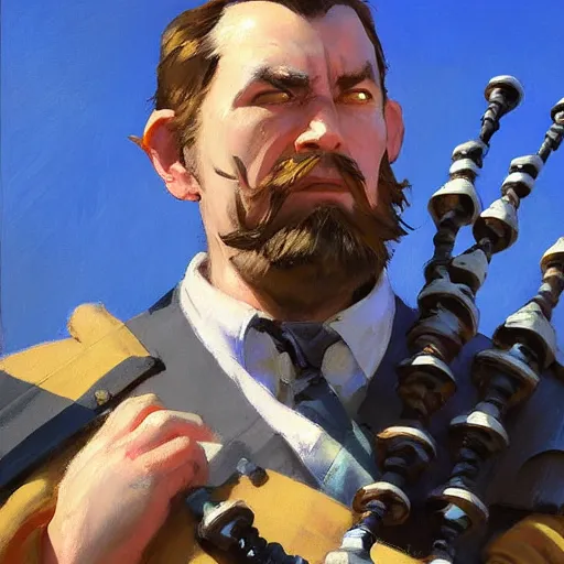 Image similar to greg manchess portrait painting of scottish man playing the bagpipesr overwatch character, medium shot, asymmetrical, profile picture, organic painting, sunny day, matte painting, bold shapes, hard edges, street art, trending on artstation, by huang guangjian and gil elvgren and sachin teng