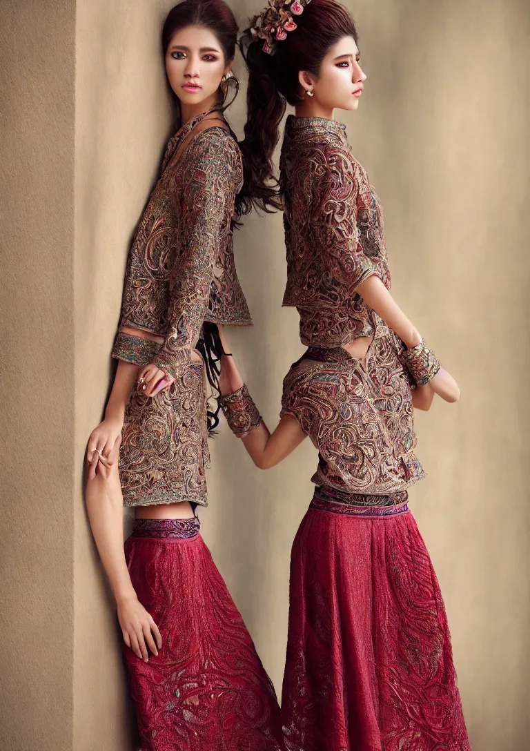 Image similar to cloths on mexican style, high detailed intricate fashion clothing, cotton texture, silk colors, ultra realistic, octane render, volumetric lights, long, wide skirts, loose - fitting blouses, elaborate hairstyles, and intricate embroidery, female cloths