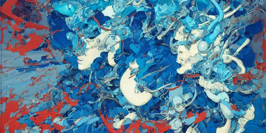 Image similar to orientalism klein blue painting by james jean and katsuhiro otomo and erik jones, inspired by akira anime, smooth texture, intricate oil painting, high detail illustration, sharp high detail, long exposure city pop