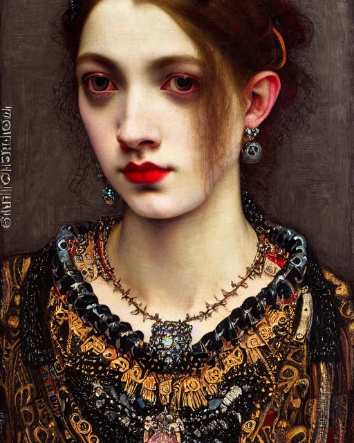 Image similar to a close up of beautiful girl with black lipstick wearing a intricate necklace surrounded by colourful intricate patterns, by edgar maxence and caravaggio and michael whelan, intricate painting, hyper realistic, extremely detailed and beautiful aesthetic face, 8 k resolution