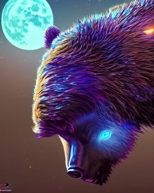 Image similar to highly detailed surreal vfx portrait of a metallic chromatic samurai bear in front of a full moon, stephen bliss, unreal engine, greg rutkowski, loish, rhads, beeple, makoto shinkai and lois van baarle, ilya kuvshinov, rossdraws, tom bagshaw, alphonse mucha, global illumination, detailed and intricate environment