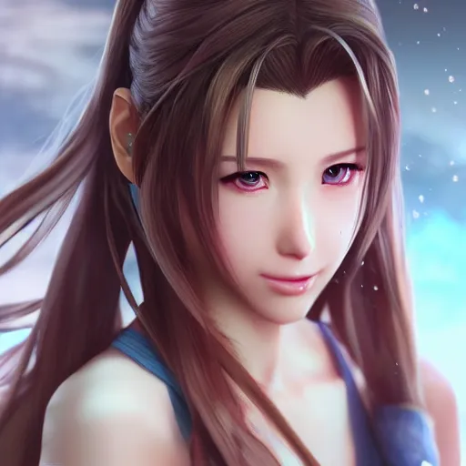 Image similar to face and body of aerith ff7 by wlop, rossdraws, mingchen shen, bangkuart, sakimichan, yan gisuka, jeongseok lee, artstation, 4k