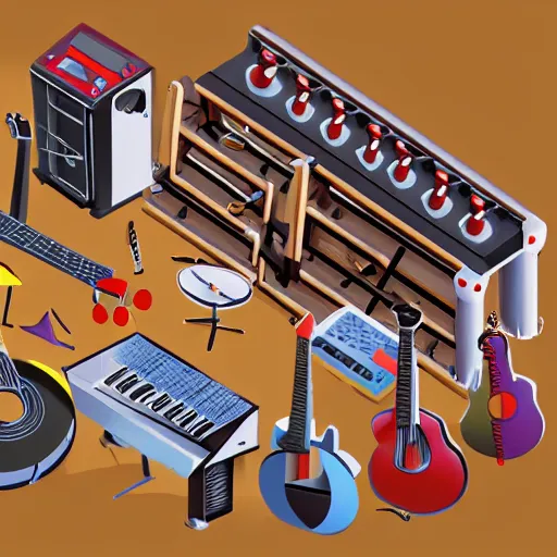 Prompt: isometric view of a large instrument machine, rube goldberg style, made of instruments, guitar, drum, beautiful