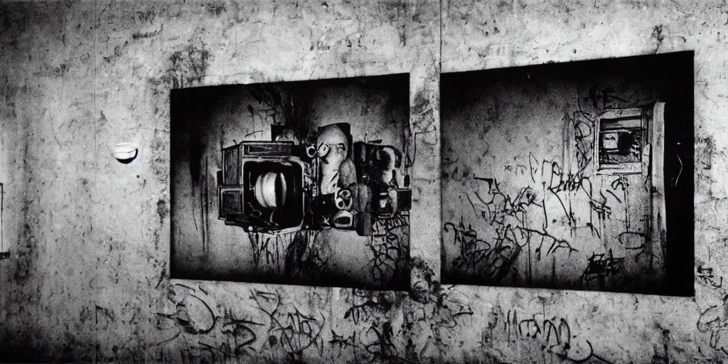 Prompt: detailed medium format photo, polaroid still from tarkovsky movie, dr. apple doing an amazing piece of graffiti on a wall, haze, high production value, intricate details, 8 k resolution, hyperrealistic, hdr, photorealistic, high definition, technicolor, award - winning photography, masterpiece, black and white, grungy