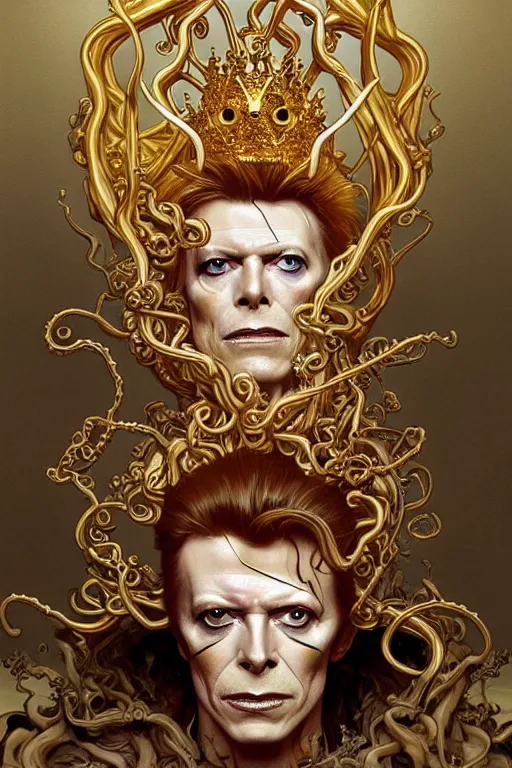 Image similar to David Bowie , a golden crown floating above his head, tentacles coming out the ground art by Artgerm and Greg Rutkowski and Alphonse Mucha and Craig Mullins and James Jean and Andrei Riabovitchev and Marc Simonetti and peter mohrbacher, sharp focus, ominous, cosmic horror, trending on artstation, Ultra detailed, hyper realistic 4k