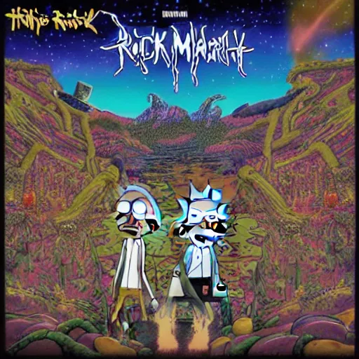 Prompt: rick and morty on a iron maiden album cover 8 k resolution, hyperdetailed, photorealism, extremely high quality