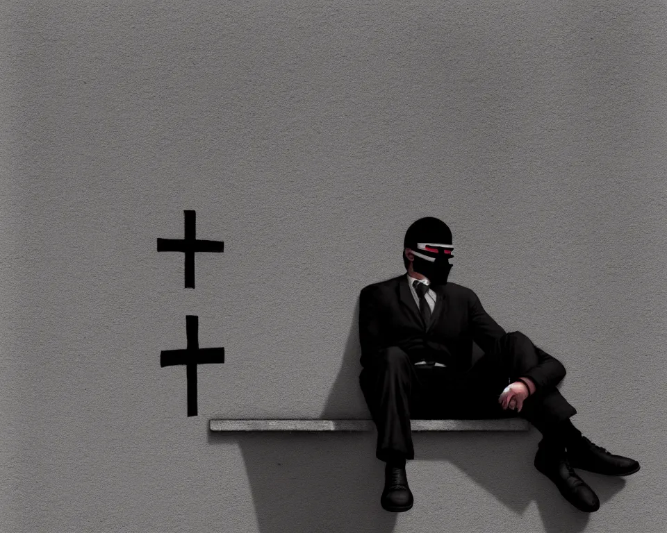 Prompt: a man in a black mask rests his foot against a wall, with a black christian cross graffiti on the wall, highly detailed, by ilya kuvshinov, greg rutkowski and makoto shinkai, trending on artstation