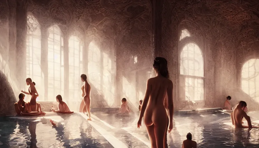 Image similar to bathhouse, women in towels, spa, light, shadows, reflections, epic composition, intricate, elegant, volumetric lighting, digital painting, highly detailed, artstation, sharp focus, illustration, concept art, wlop, artgerm, ruan jia, steve mccurry