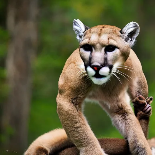 Image similar to trail cam of a mountain lion dancing with a monkey