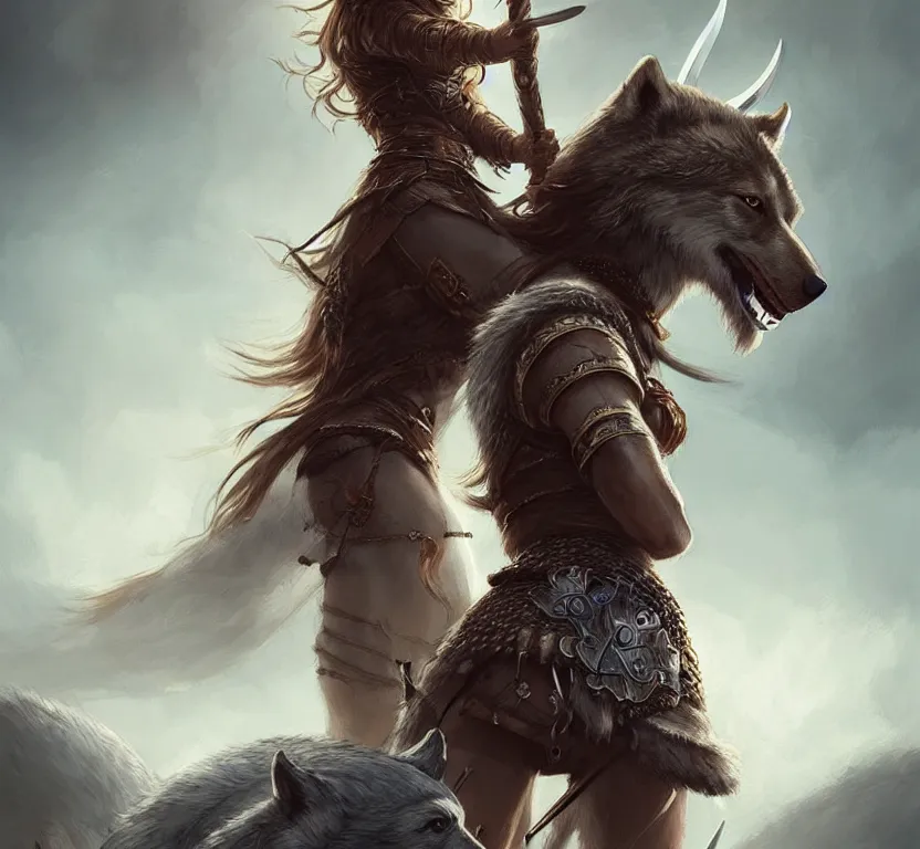 Image similar to a gorgeous!! woman resembling alicia vikander as a viking warrior accompanied by a dire wolf | drawn by wlop, drawn by jeehyung lee, drawn by argerm | intricate, highly detailed, ultra graphics, digital painting, artstation