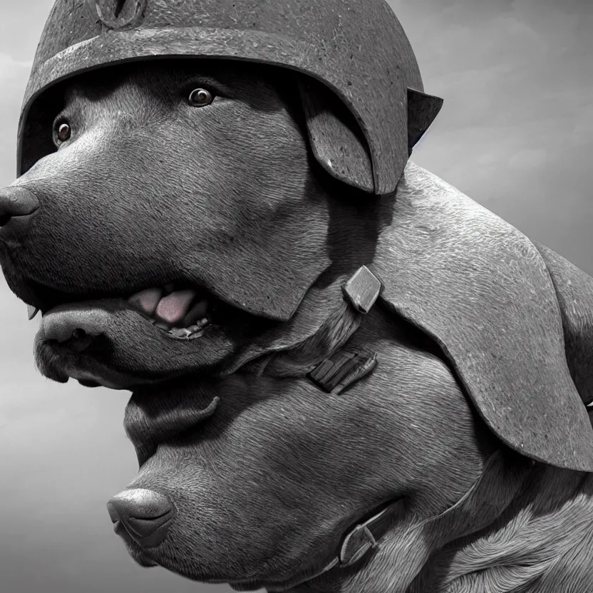 Prompt: a labrador dog wearing soldier helmet in battle, ww 2, historical photo, hyperrealistic, concept art, octane render, unreal engine 5, trending on artstation, high quality, extremely highly detailed, 8 k, black and white, higj contrast, high coherence, close up photo, centered, path traced, anatomically correct