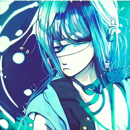 Image similar to Frequency indie album cover, luxury advertisement, blue filter, blue and black colors. Clean and detailed post-cyberpunk sci-fi close-up schoolgirl in asian city in style of cytus and deemo, blue flame, relaxing, calm and mysterious vibes, by Tsutomu Nihei, by Yoshitoshi ABe, by Ilya Kuvshinov, by Greg Tocchini, nier:automata, set in half-life 2, Matrix, GITS, Blade Runner, Neotokyo Source, Syndicate(2012), dynamic composition, beautiful with eerie vibes, very inspirational, very stylish, with gradients, surrealistic, dystopia, postapocalyptic vibes, depth of field, mist, rich cinematic atmosphere, perfect digital art, mystical journey in strange world, beautiful dramatic dark moody tones and studio lighting, shadows, bastion game, arthouse