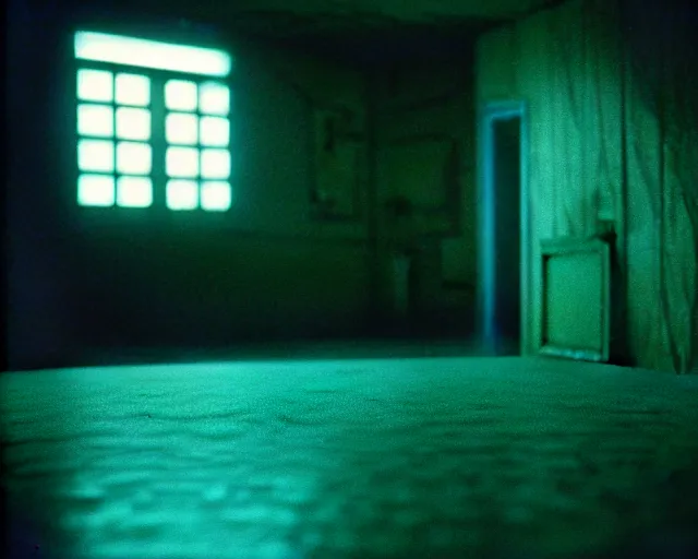 Prompt: low angle shot of an empty space at night, aquatic, shabby chic, cinematography by Jim Jarmusch, composition by Moebius, in the style of Lin Xiao, set design by Chris Cunningham, 35mm, polaroid, color film photography, soundtrack by Janis Joplin, written by James Joyce