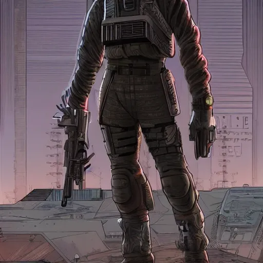 Prompt: a cyberpunk soldier with tactical gear and a rifle on mars, Industrial Scifi, detailed illustration, character portrait, by Martin Grip and Moebius