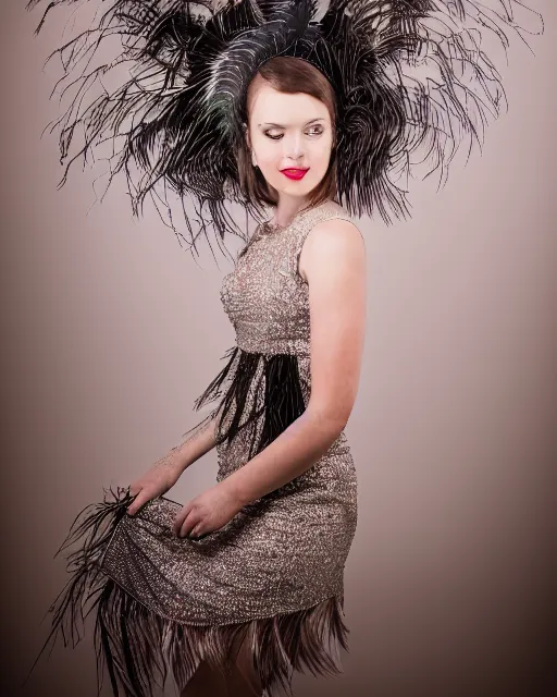 Image similar to beautiful woman with a dress of feathers photo 3 5 mm, studio light