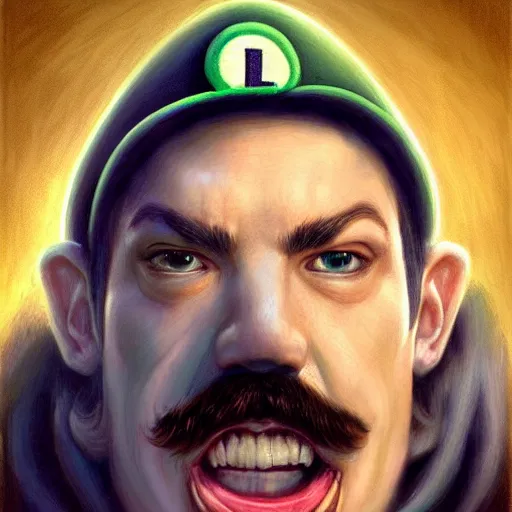 Image similar to hyper realistic, portrait of a mega derpy luigi by greg rutkowski, scott m fischer, artgerm, loish, slight glow, atmospheric, anne stokes, alexandros pyromallis