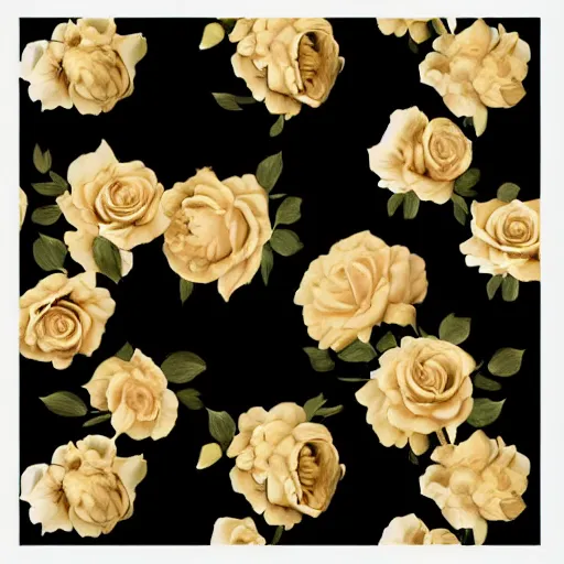 Image similar to black peonies gold roses black background photorealism