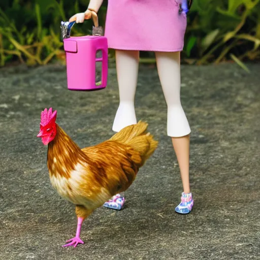 Prompt: barbie walking her pet chicken