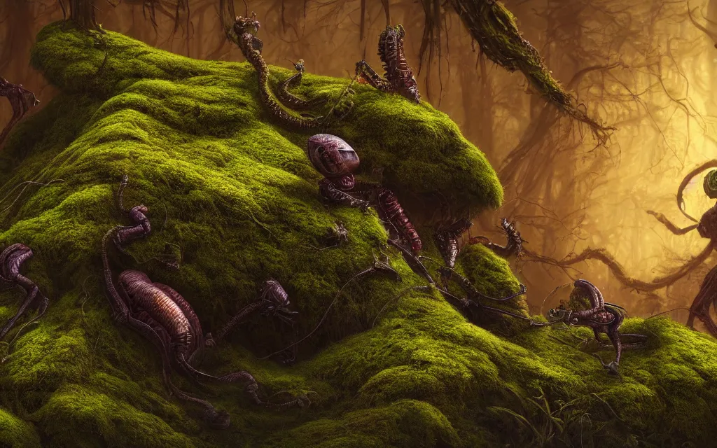Prompt: a beautiful macro photography of moss with alien fungus, hyper detailed, warm volumetric lights , made by Gerald Brom and Mike Winkelmann, 8K HD trending on art station