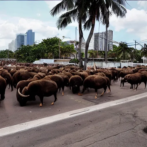 Image similar to one thousand buffaloes in the street, miami, miami vice