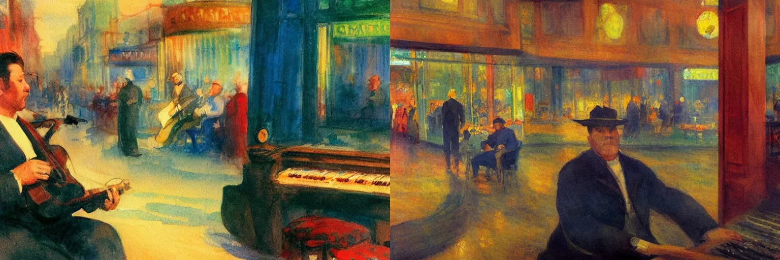 Prompt: grand river watercolor, fisheye lens low angle portrait of a colorful man sitting in a music store surrounded by mystic energy, impressionist watercolor by Monet, cinematic lighting, by Edward Hopper, dull tones, Curvilinear abstract art by Joseph Mallord William Turner