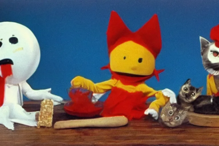 Image similar to still frame from a surreal 1979 children's tv show with pirates, ghost cats, and a sad cheese puppet