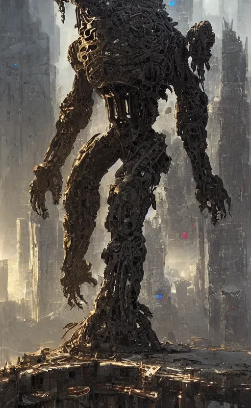 Prompt: towering massive biomechanical golem, intricate abstract, deviantart, by greg rutkowski, green, city below