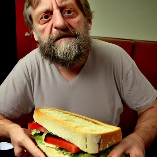 Image similar to Slavoj Zizek trying to eat a sandwich but it keeps disintegrating into both saliva and ideology before it gets to his mouth wearing a black t-shirt v-neck Dom Qwek igor wolski greg simpkins kirbi fagan alex heywood greg rutkowski john howe sergi brosa dave melvin sam nielson anthony sieben thomas duchek andree wallin adam adamowicz piotr kowalski bobby chiu jared nickerson jake souva marc sarmel goro fujita