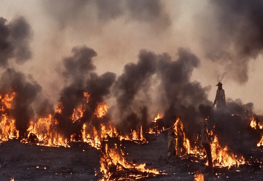 Image similar to fashion editorial in Kuwait oil fields burning fire 1991. highly detailed. depth of field. high definition. 8k. photography.