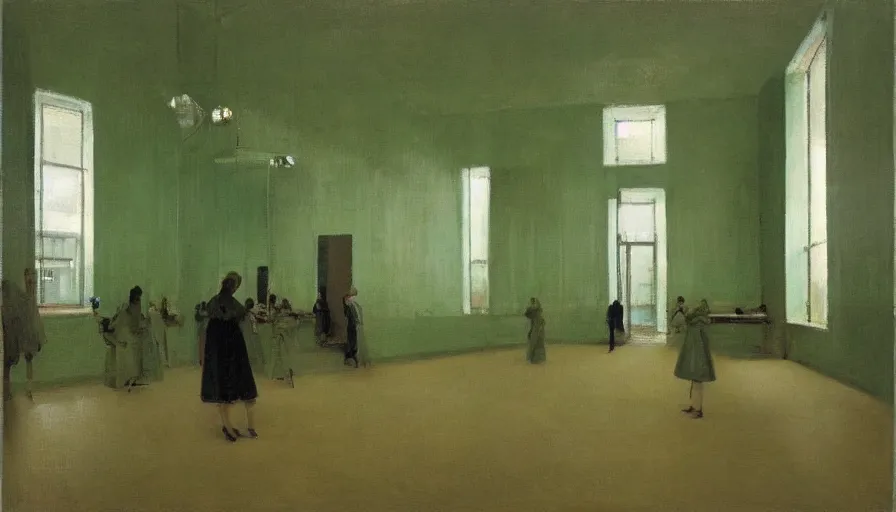 Prompt: painting by borremans, queen in light green hall with mirrors on the walls, detailed, stunning