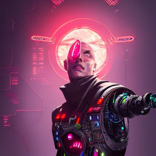 Prompt: a portrait of a evil cybernetic magician releasing spell, cyberpunk concept art, trending on artstation, highly detailed, intricate, sharp focus, digital art, 8 k