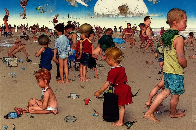 Prompt: kids playing at the beach, huge atomlc explosion in the background, wide angle shot, by norman rockwell, by mattias adolfsson,, oil on canvas by moebius and satoshi kon, hd, 4 k, high quality,