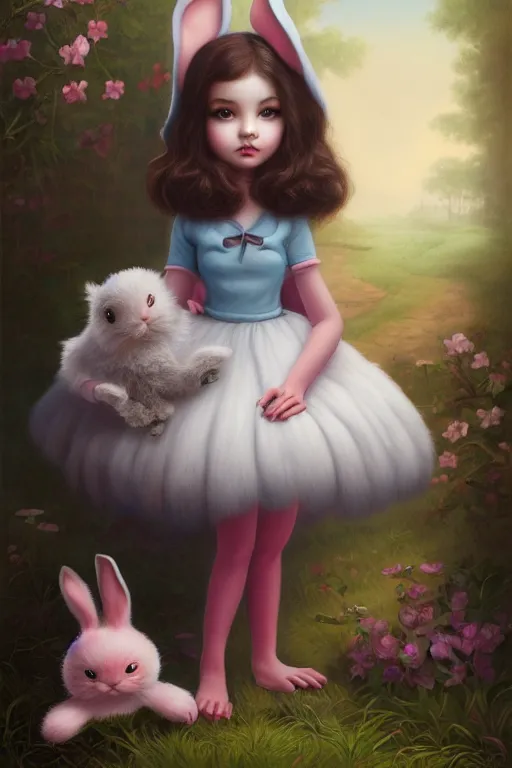 Prompt: matte sharp painting cute little girl with furry bunny, painted by mark ryden, artgerm, artstation behance storybook l